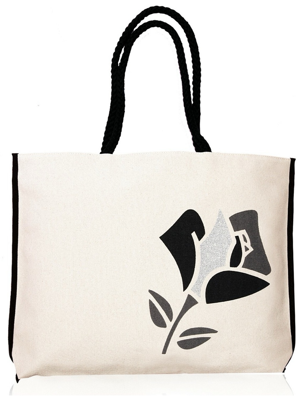 LANCรME Rose Canvas Tote Bag Beach Bag Black Silver Glitter Logo Rope Straps